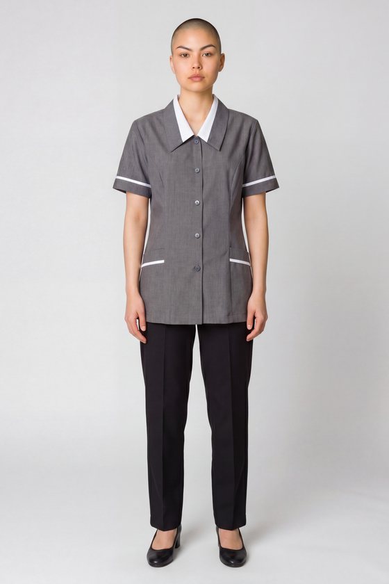 Casaca de servicio gris con vivos blancos, ropa de trabajo fabricada por HW Working