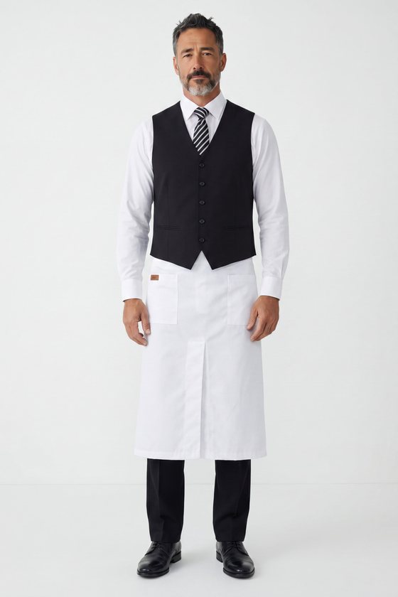 Chaleco negro con camisa y delantal de servicio para salón